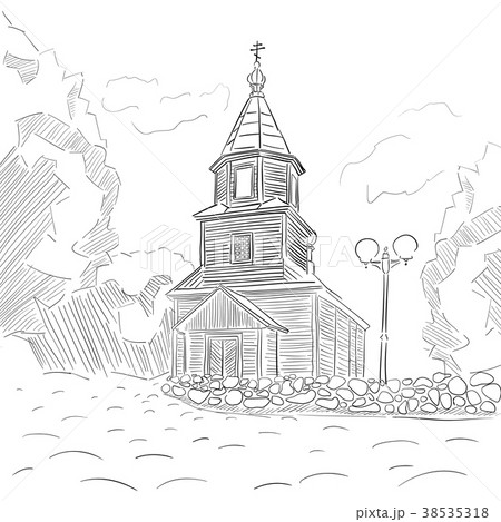 Church is painted with ink and a pen. 38535318