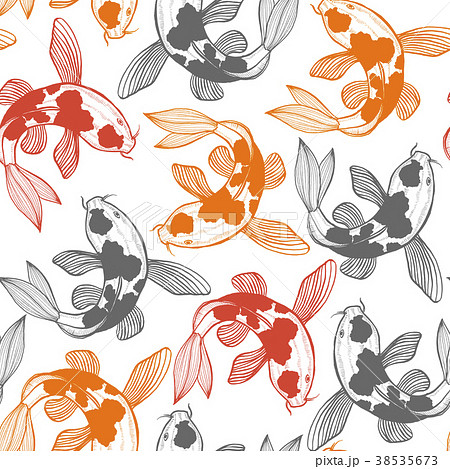 Seamless Pattern with Karp Koi in Hand Drawn Style 38535673