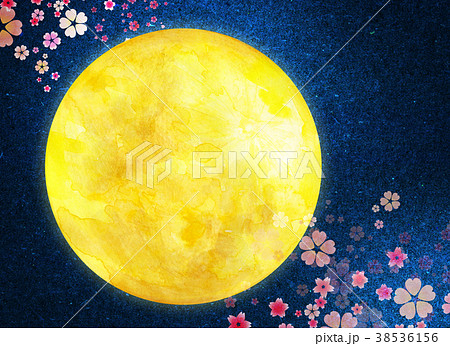 水彩イラスト 月 夜桜のイラスト素材