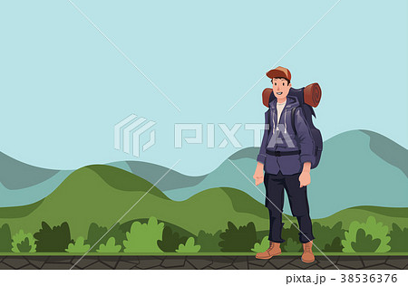 A young man, backpacker in a hilly area. Hiker 38536376