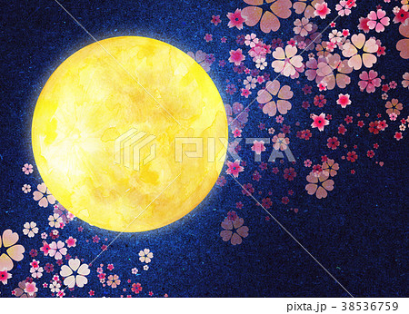 水彩イラスト 月 夜桜のイラスト素材
