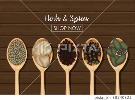 Spices in wooden spoons over wooden background 38540322