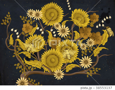 Honey bees and flowers background 38553137