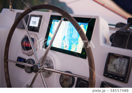 Steering wheel on the yacht 38557486