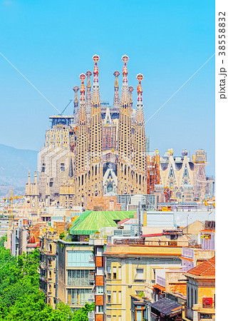Basilica of La Sagrada Familia against blue sky.  38558832