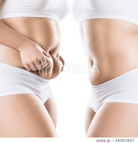 Side view of woman with fat belly. Obesity concept Side view of woman with fat belly. Obesity concept 38561607