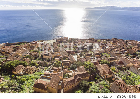 view on Byzantine town of Monemvasia, Greece view on Byzantine town of Monemvasia, Greece 38564969