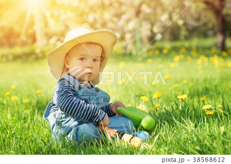 Baby boy sitting on the grass with dandelion 38568612