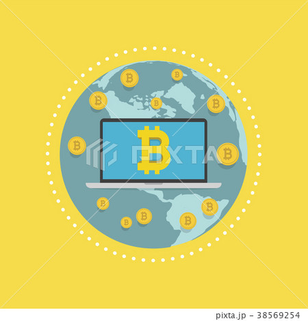 Laptop screen with the Bitcoin sign on globe. 38569254