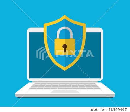 Laptop with shield and lock on table.のイラスト素材 [38569447] - PIXTA