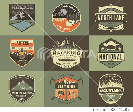 Set of vintage hand drawn travel badges. Camping Set of vintage hand drawn travel badges. Camping 38570207