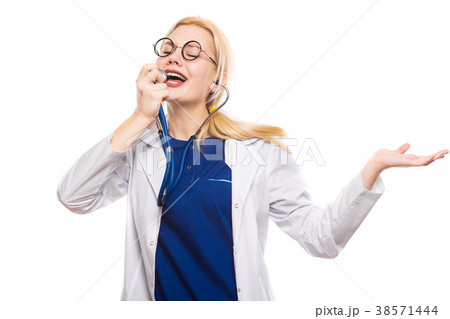 Woman doctor in white coat with stethoscope Woman doctor in white coat with stethoscope 38571444