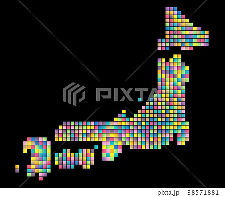 日本地図カラフルランダムドット絵イラスト黒背景のイラスト素材 