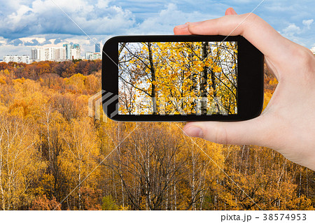 tourist photographs urban park in Moscow in autumn tourist photographs urban park in Moscow in autumn 38574953