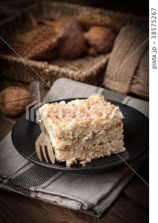 Homemade cake with ground walnut and coconut. Homemade cake with ground walnut and coconut. 38575267