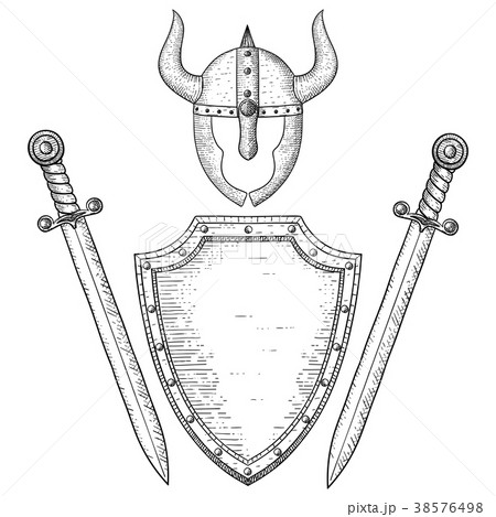 Warrior accessories. Shield, swords, helmet. Hand 38576498