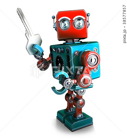 Retro Robot holding a key. 3D illustration 38577857