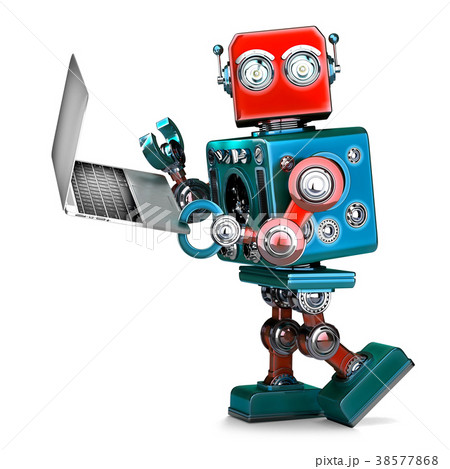 Retro Robot using laptop. 3D illustration 38577868