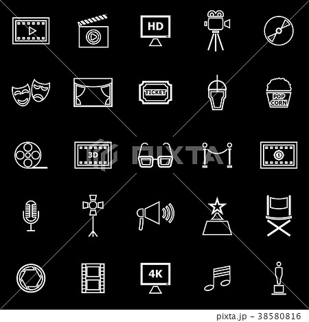 Movie line icons on black background 38580816