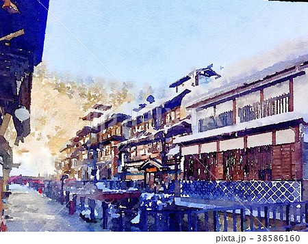 冬の銀山温泉の水彩画 冬の銀山温泉の水彩画 38586160