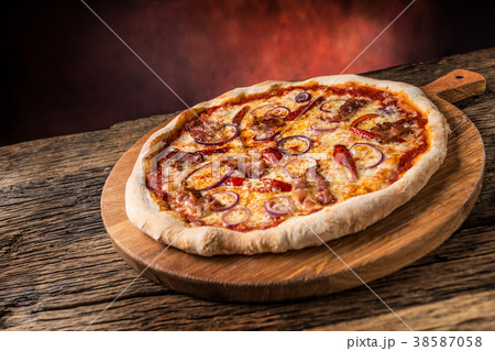 Pizza. Tasty fresh italian pizza with bacon. Pizza. Tasty fresh italian pizza with bacon. 38587058