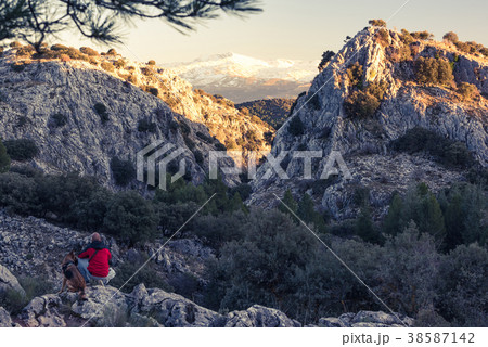 Hikker with bellowed dog in high mountains 38587142