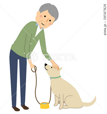 シニア男性 おじいちゃん 犬の散歩のイラスト素材