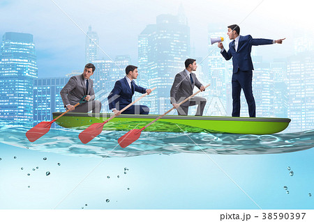 Team of businessmen in teamwork concept with boat Team of businessmen in teamwork concept with boat 38590397
