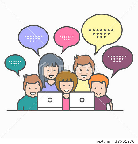 Business people with lap tops and speech bubbles Business people with lap tops and speech bubbles 38591876