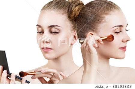 Woman with holding palette for contouring face. Woman with holding palette for contouring face. 38593338