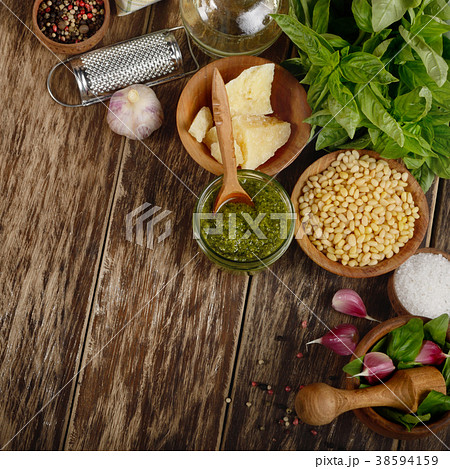 Top view of Pesto sauce ingredients and utensils Top view of Pesto sauce ingredients and utensils 38594159