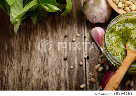 Top view of Pesto sauce and ingredients Top view of Pesto sauce and ingredients 38594161