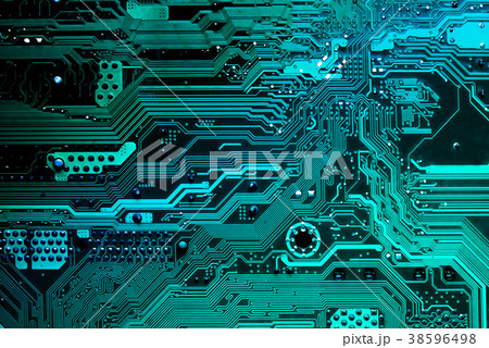 Close up of a printed blue computer circuit board Close up of a printed blue computer circuit board 38596498