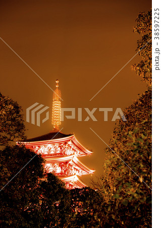 夜景　浅草寺　五重の塔　 38597225