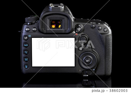 DSLR camera on black glass background 38602003