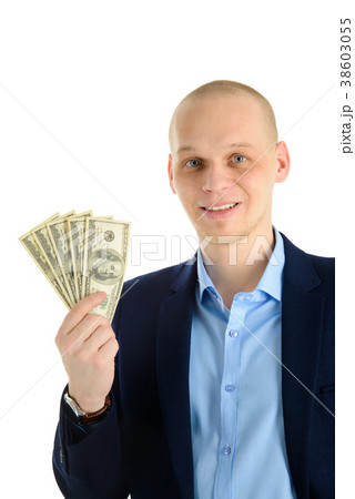Happy handsome man in a suit holding fan of dollar 38603055