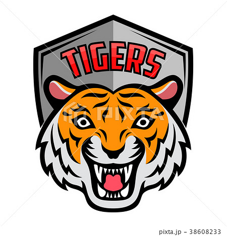 Mascot of orange white tiger's head on shield back 38608233