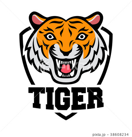 Mascot of orange white tiger's head on shield back Mascot of orange white tiger's head on shield back 38608234