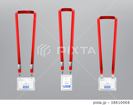 Vector set of ID cards, badges with red lanyards 38610068