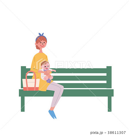 ベンチに座る 親子 イラストのイラスト素材