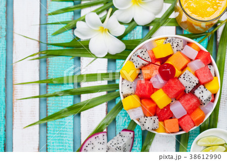 Bowl of fresh fruit salad. Top view. Copy space. 38612990