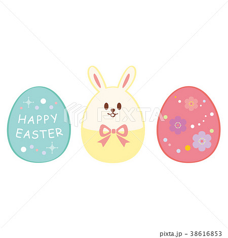 ハッピーイースター ロゴとウサギと花柄のタマゴのイラスト素材 38616853 Pixta