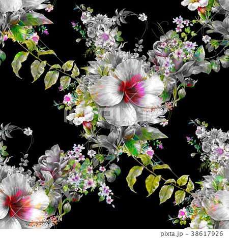 Watercolor painting of leaf and flowers, pattern 38617926