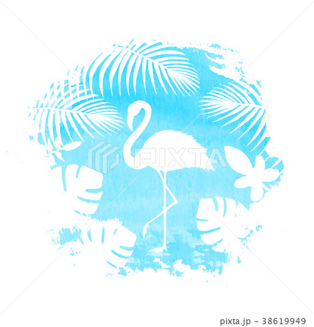 Silhouette of flamingo on blue watercolor spot 38619949