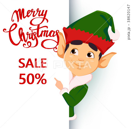 Elf standing behind a sign and showing on placard 38620147
