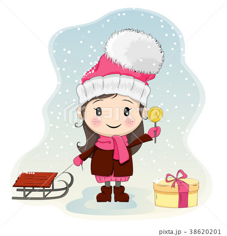 Cute little girl with sled standing near gift-box 38620201