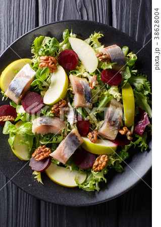 Fresh mackerel salad with apples, walnuts, beets Fresh mackerel salad with apples, walnuts, beets 38628004