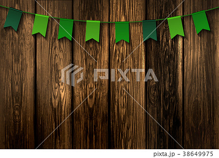 Green festive flags on wood background Green festive flags on wood background 38649975