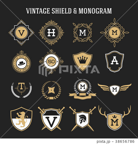 set of vintage monogram and shield elements set of vintage monogram and shield elements 38656786