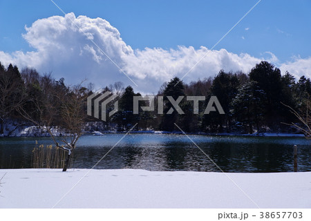 冬の奥日光 湯ノ湖 雪ときらめく湖面と青空に発達する雲 38657703